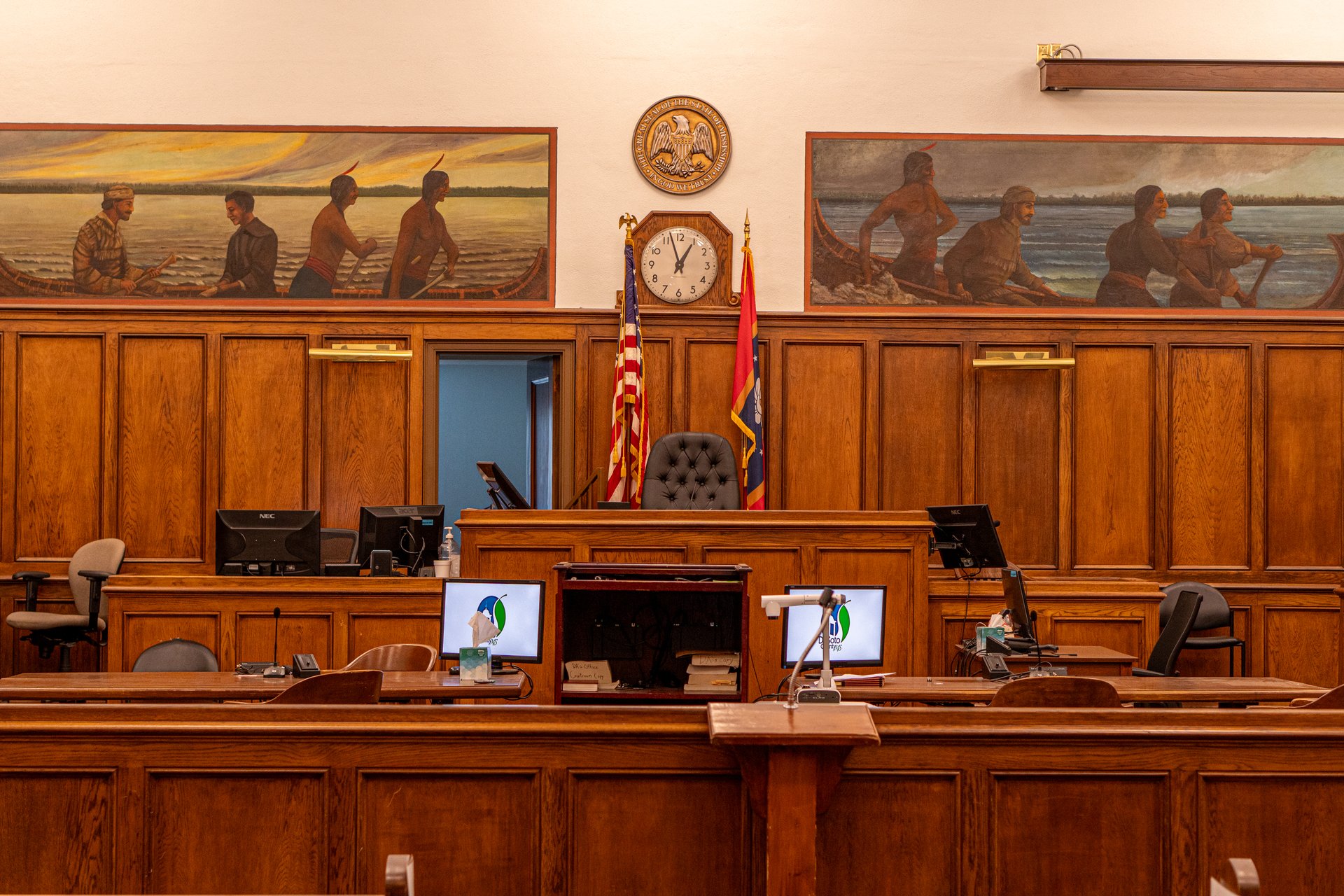 DeSoto County courtroom with bench, jury box, and counsel tables